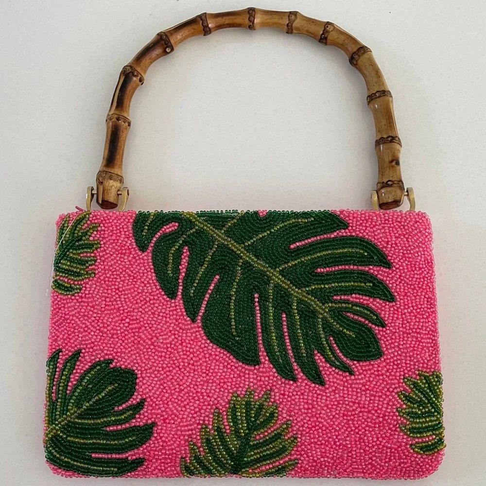 Tropical Pink Beaded Clutch with Bamboo Handle